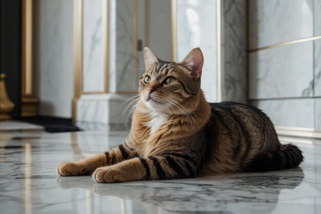 Un chat se détend sur le sol en marbre.