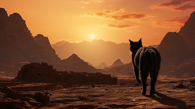 Un chat se promène près de la montagne de Moïse en Égypte concept de silhouette