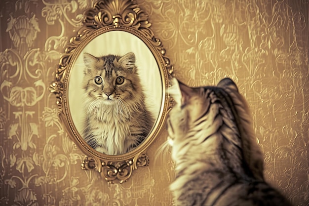 Photo le chat se regarde dans le miroir et se voit comme un lion.