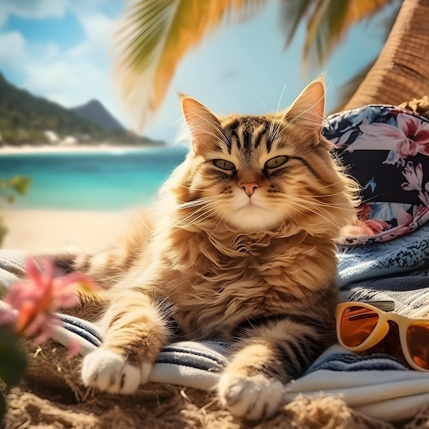 Un chat se reposant sur une plage de sable