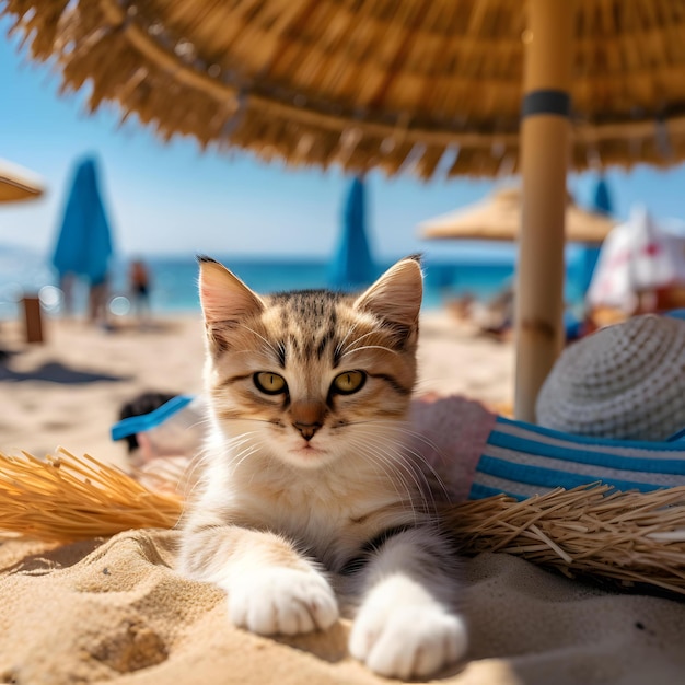 Un chat se reposant sur une plage de sable