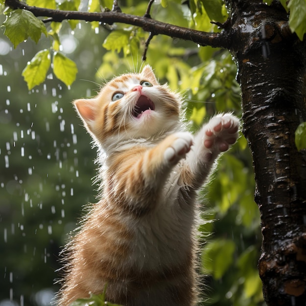 un chat se tient dans un arbre et lève les yeux.