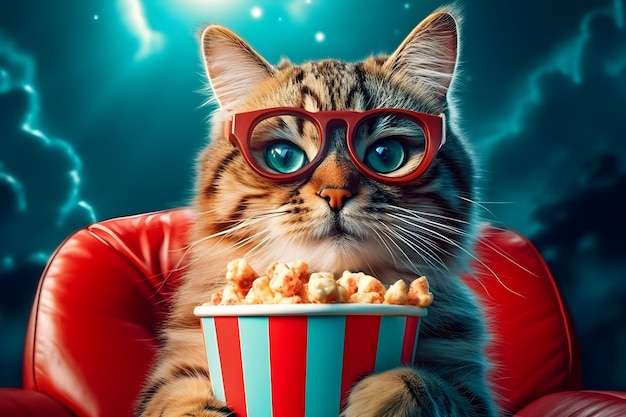 Un chat avec un seau de pop-corn dans les mains