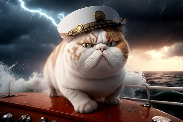 Un chat sérieux portant un chapeau de capitaine de marine sur un bateau en perdition ai génératif