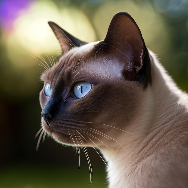 Un chat siamois aux yeux bleus est assis dehors.