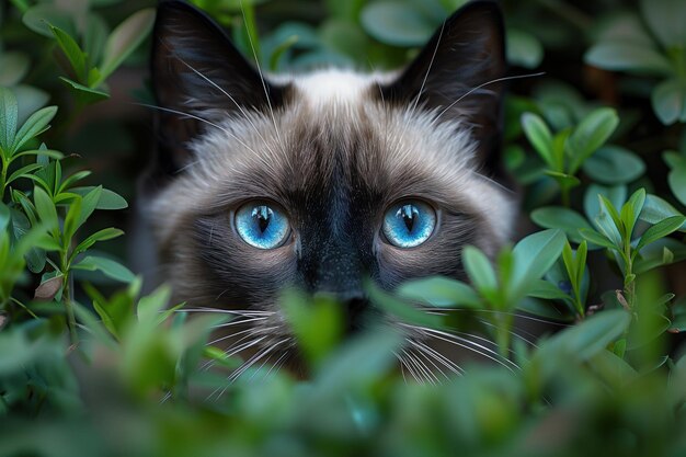 Photo un chat siamois aux yeux bleus regarde à l'arrière-plan de l'herbe verte