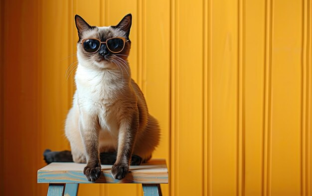 Un chat siamois avec des lunettes de soleil sur un fond professionnel