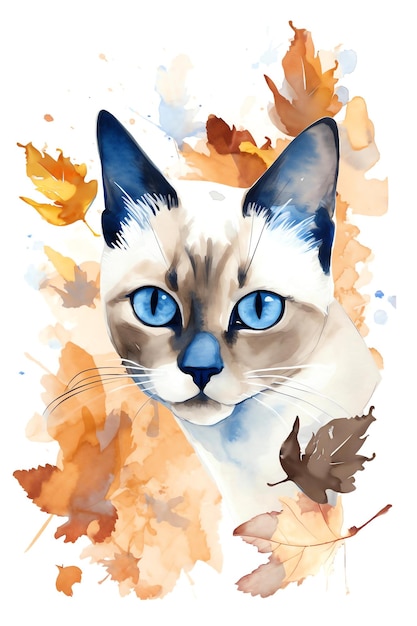 Chat siamois Portrait aquarelle clipart peinture