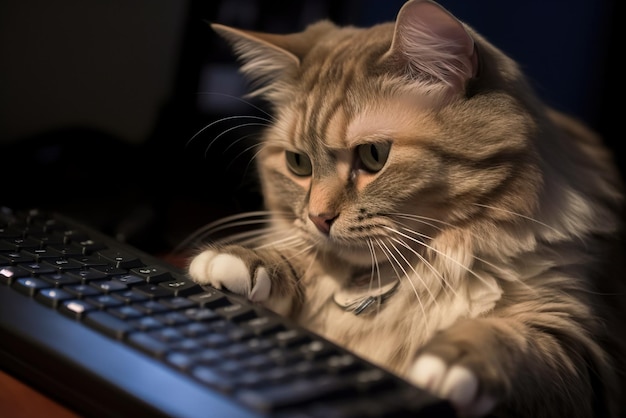 Le chat sibérien est allongé sur le clavier et regarde la caméra Generative AI