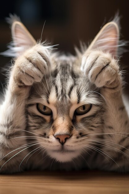 Le chat sibérien met les mains sur la tête, embarrassé, le chat argenté tabby du Maine Coon.