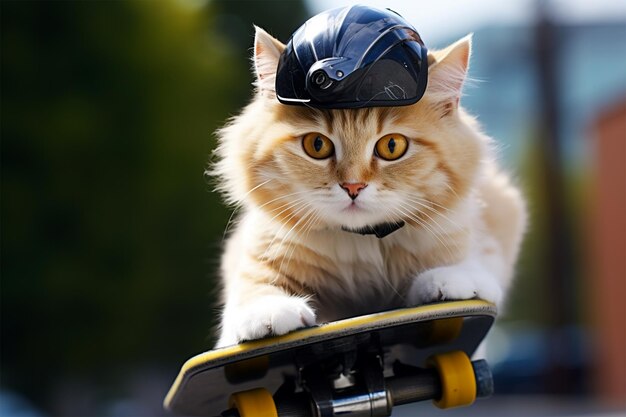 Un chat en skateboard avec un casque sur la tête