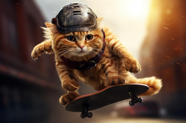 Un chat en skateboard avec un casque sur la tête