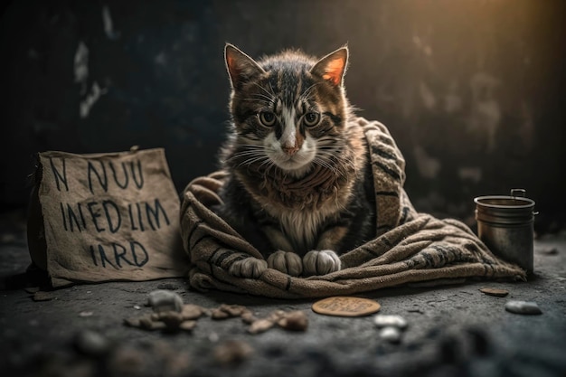 Chat solitaire assis sur une couverture avec un signe déchirant