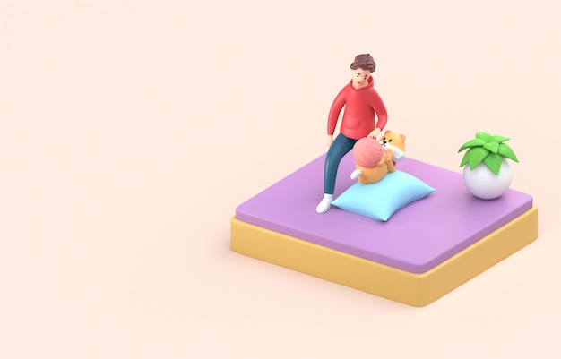 Chat avec son propriétaire jouant avec une pelote de laine Illustration 3D