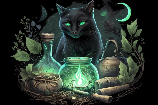 Photo le chat sorcier fait une potion à la pleine lune à minuit la sorcière est en train d'enchanter