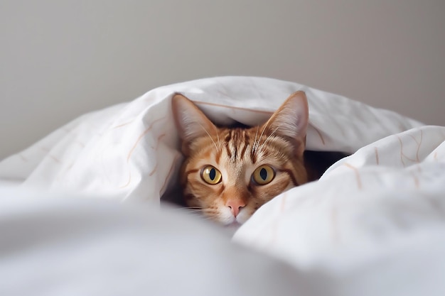 Un chat sort de sous une couverture.