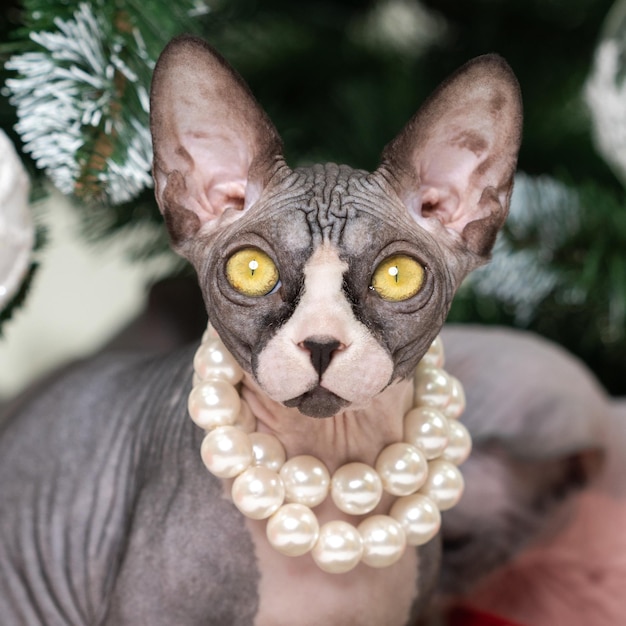 Photo chat sphynx romantique assis dans une boîte cadeau à pois rouges sous le sapin de noël et regardant la caméra