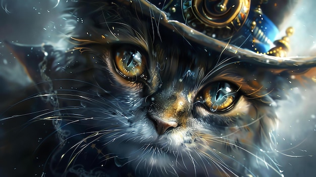 Photo un chat steampunk portant un chapeau avec des engrenages le chat a de grands yeux jaunes ronds et regarde la caméra