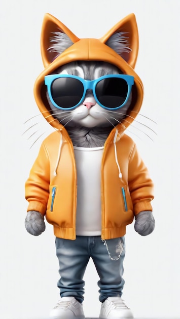 Un chat stupide avec des lunettes de soleil et une veste avec une capuche sur la tête et des lunettes de soleil