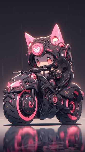 Un chat de style anime sur une moto avec des accents roses