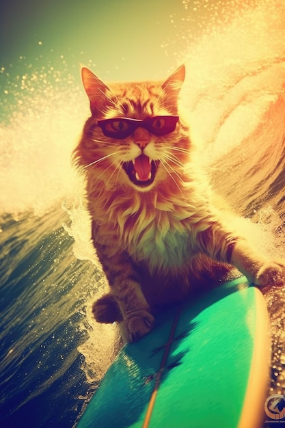 chat surfant dans la mer