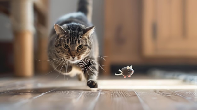 Photo un chat en surpoids poursuivant avec enthousiasme une souris jouet exhalant joie et excitation à chaque pas chancelant