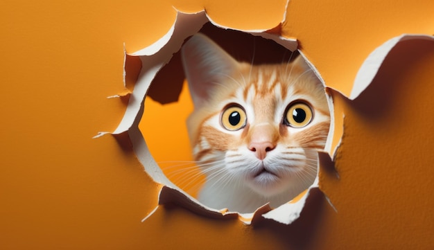 Un chat surpris dans un trou de mur orange IA générative