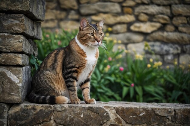 Un chat tabby allongé sur un mur de pierre