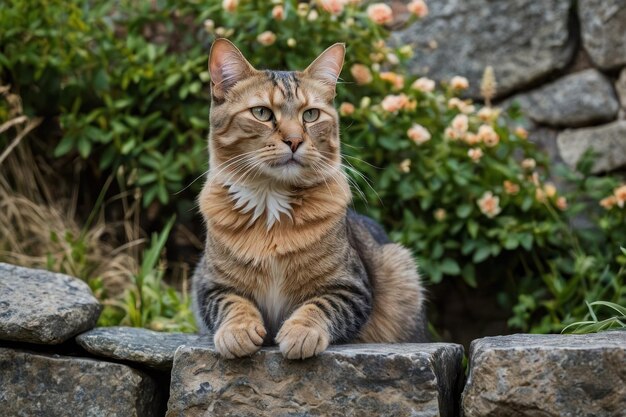 Un chat tabby allongé sur un mur de pierre