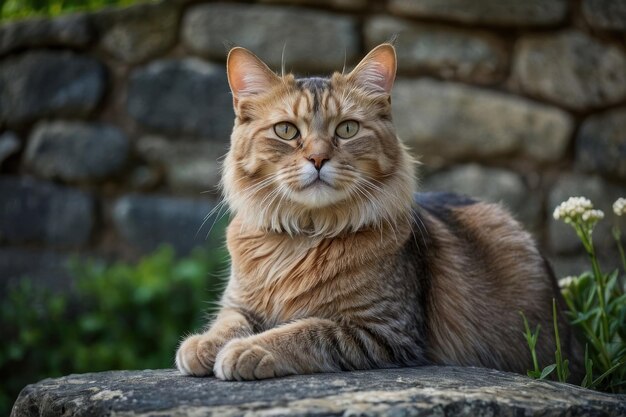 Photo un chat tabby allongé sur un mur de pierre