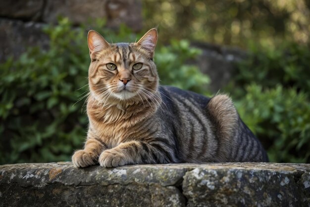 Photo un chat tabby allongé sur un mur de pierre