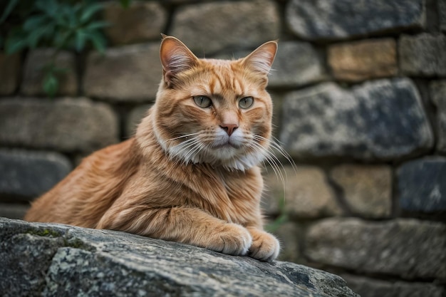 Un chat tabby allongé sur un mur de pierre