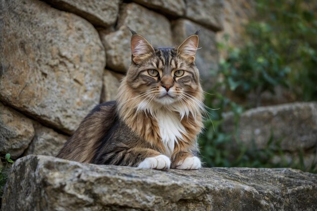 Photo un chat tabby allongé sur un mur de pierre