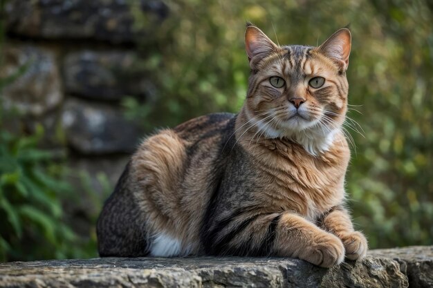 Photo un chat tabby allongé sur un mur de pierre