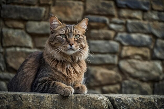 Un chat tabby allongé sur un mur de pierre