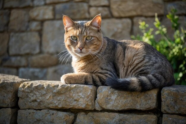 Photo un chat tabby allongé sur un mur de pierre