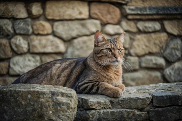 Photo un chat tabby allongé sur un mur de pierre