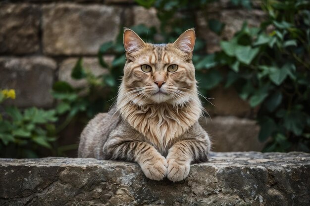 Photo un chat tabby allongé sur un mur de pierre