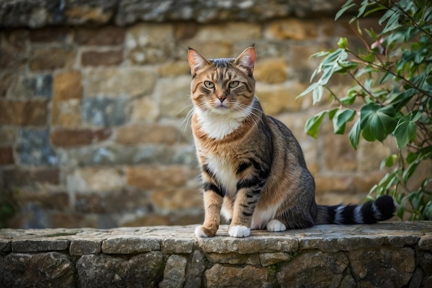 Photo un chat tabby allongé sur un mur de pierre