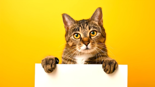 Un chat tabby curieux regardant un panneau blanc sur fond jaune parfait pour la publicité Une image accrocheuse pour les médias sociaux et l'impression Ajoute de la chaleur et de l'humour aux projets AI