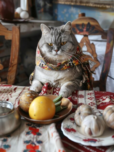 Photo un chat tabby dans la cuisine vêtu d'une tenue traditionnelle assis à une table familiale