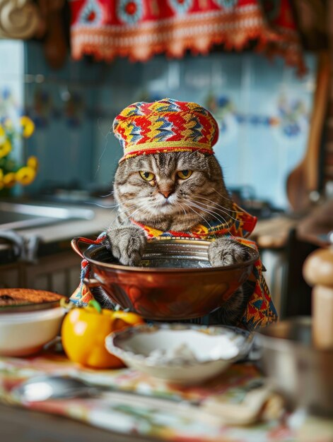 Photo un chat tabby dans la cuisine vêtu d'une tenue traditionnelle assis à une table familiale