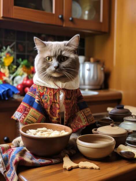 Photo un chat tabby dans la cuisine vêtu d'une tenue traditionnelle assis à une table familiale