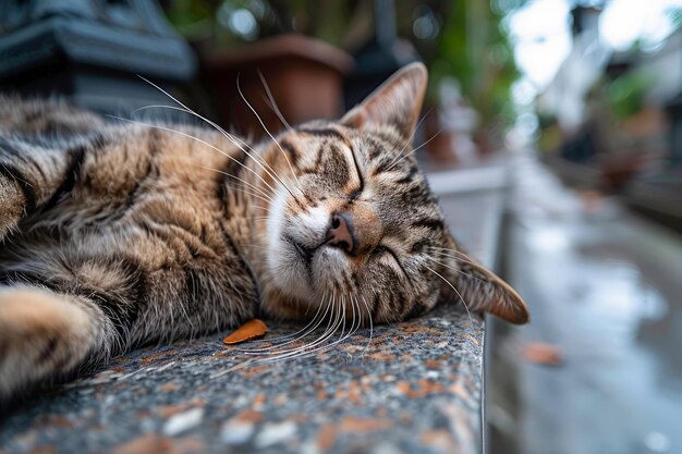Un chat tabby détendu allongé sur un banc de pierre avec une expression sereine.