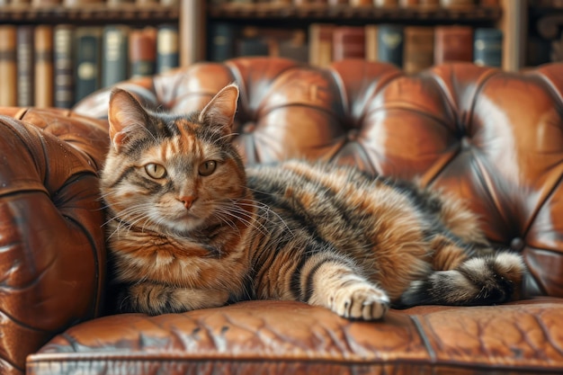 Le chat tabby domestique se détend confortablement sur un canapé en cuir vintage dans un cadre confortable de bibliothèque domestique