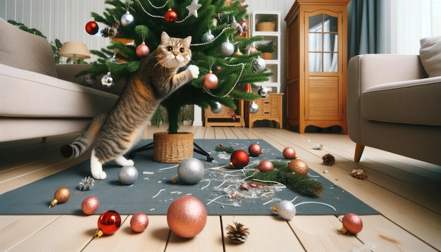 Un chat tabby ludique attrapé en train de grimper sur un arbre de Noël décoré