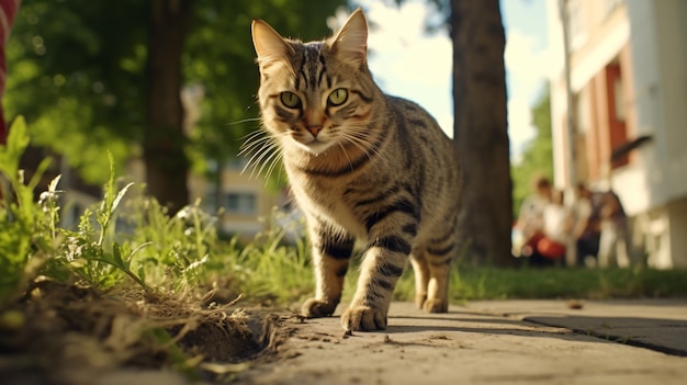 Un chat tabby marche à côté d'une femme sur le trottoir