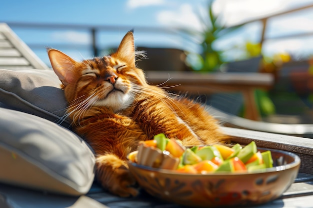 Photo un chat tabby orange détendu profitant du soleil sur une chaise de patio à côté d'un bol de salade de légumes frais dans