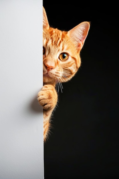 Photo un chat tabby orange enjoué regardant autour du coin sur un fond sombre