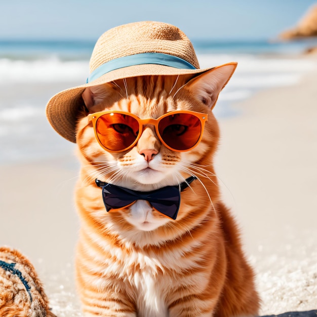 Photo un chat tabby orange avec des lunettes de soleil et un chapeau sur la plage